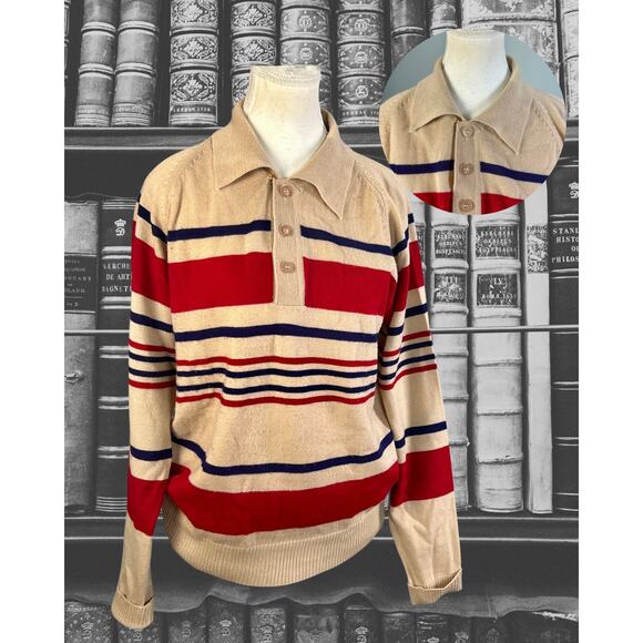 Vintage 70s Studio One by Campus Tan Red Blue Stripe Rugby Preppy Sweater Size L - Picture 1 of 4